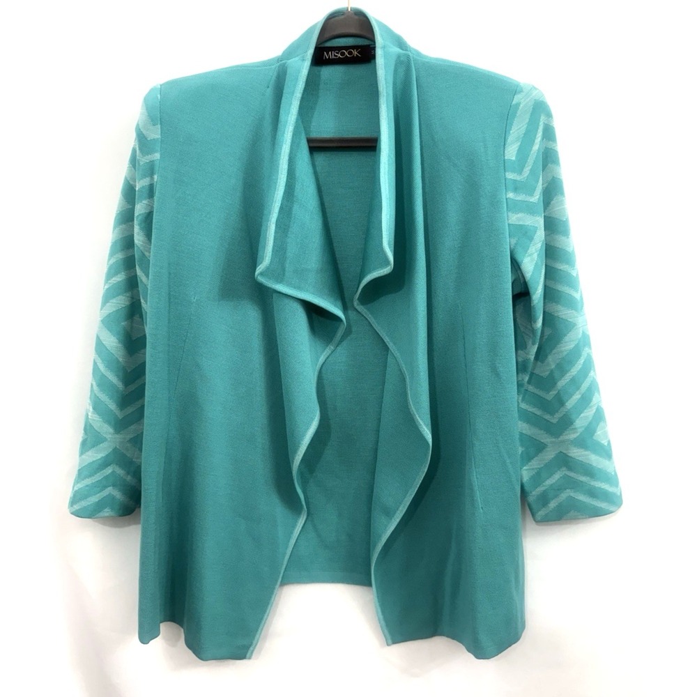 Misook Aqua Cascading Open Front Cardigan 3/4 Sleeves Womens Size M